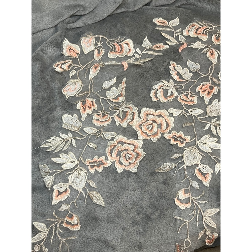 Embroidered Floral Lace Applique Peach Ivory Metallic Gold Tulle Mesh 18" Sew On